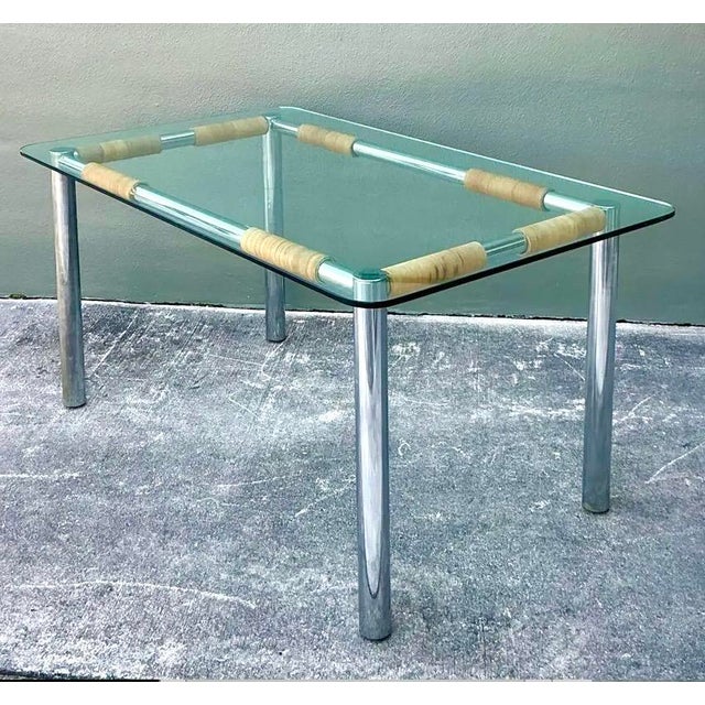 Wood Vintage Polished Chrome and Rattan Dining Table For Sale - Image 7 of 12