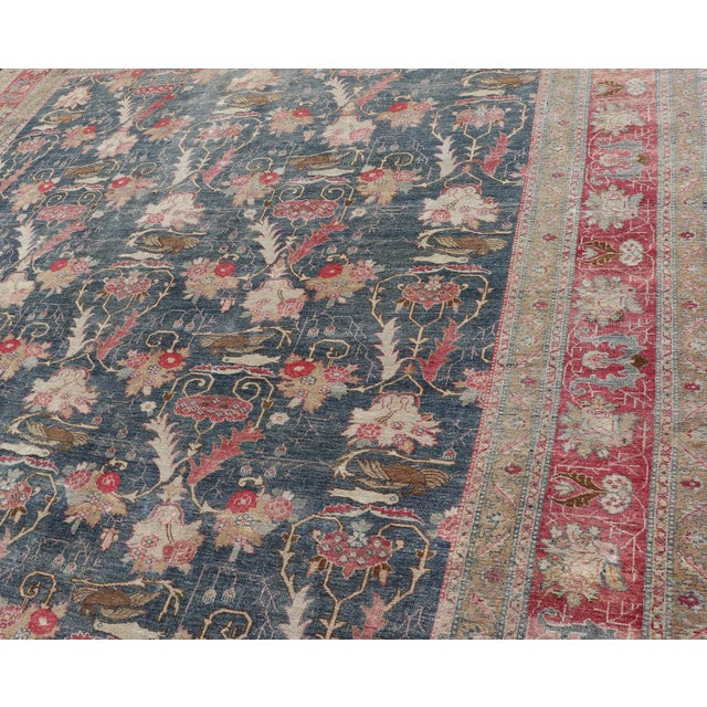 Antique Persian Tabriz Rug with Brid Design in Blue Keivan Woven Arts. Keivan Woven Arts / rug AVI-1103, country of origin...