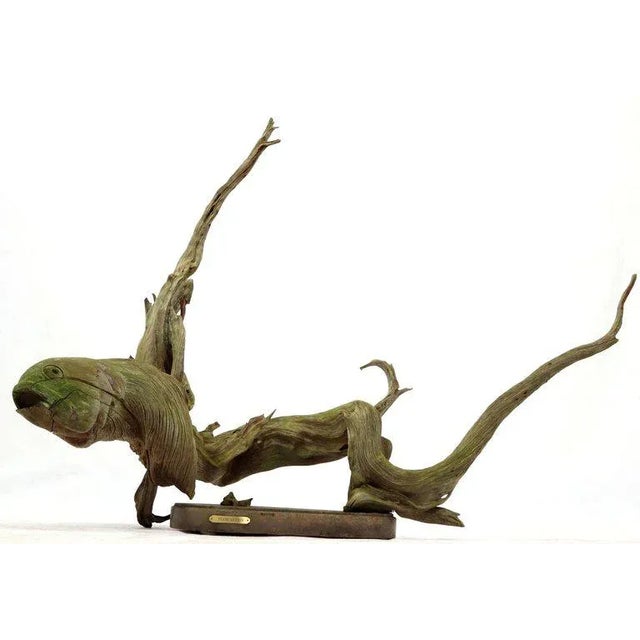 Large Natural Wood Fish Shape Driftwood Sculpture Artist Signed For Sale - Image 4 of 13