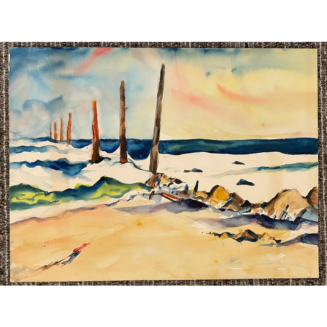 Impressionist 1960 Arthur Sembler Virginia Beach Jetty Watercolor For Sale - Image 3 of 4