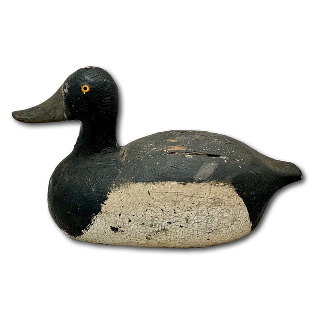Very Nice Large Size Antique American Hand Carved & Painted Wood Duck Hunters Working Decoy With Glass Eyes For Sale - Image 11 of 18