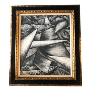 Original Vintage Abstract Mid Century Modern Charcoal Drawing Vintage Carved Wood Frame For Sale