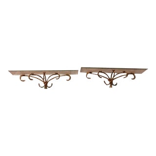 Vintage 1960's Twisted Gold Tone Metal & Glass Shelves - a Pair For Sale