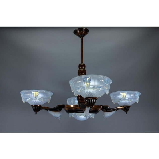 Art Deco French Coppered Metal and Opalescent Glass Chandelier from Ezan, 1930s For Sale - Image 17 of 18
