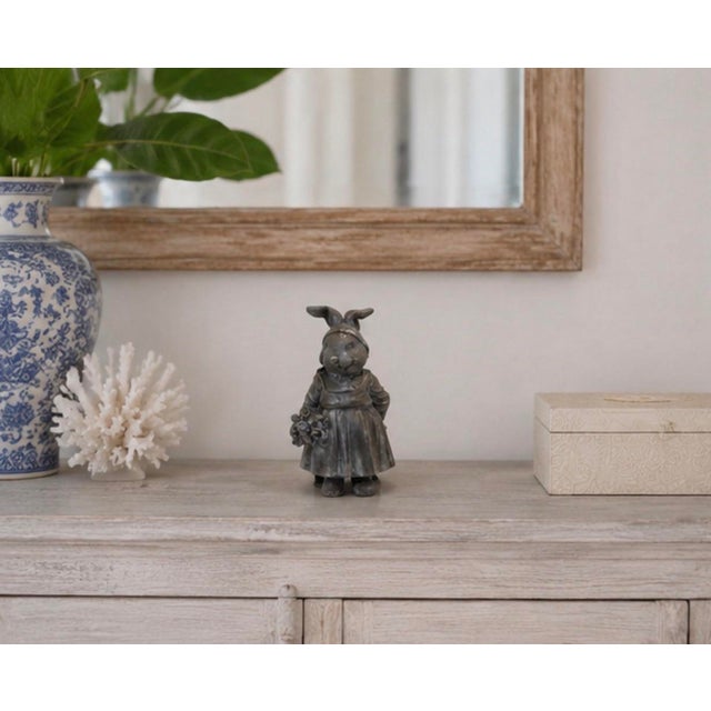 Vintage Cast Iron Anthropomorphic Rabbit Garden Statue With Bouquet For Sale - Image 9 of 12