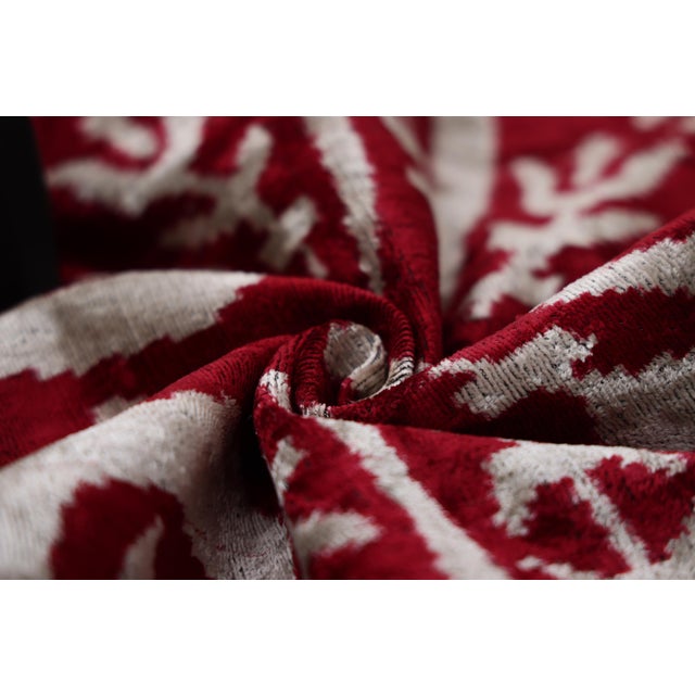 Mid-Century Modern Luxury Handwoven Dark Red Silk Velvet Ikat Pillow 20x20 Inch For Sale - Image 3 of 8