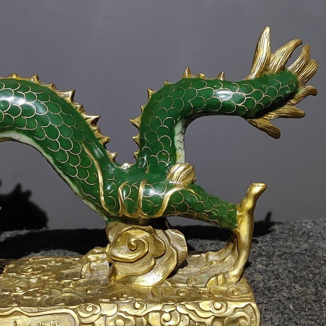 Green Vintage Cloisonne Enamel Dragon Figurine – 14.2" Gilt Sea Dragon With Pearl For Sale - Image 8 of 9