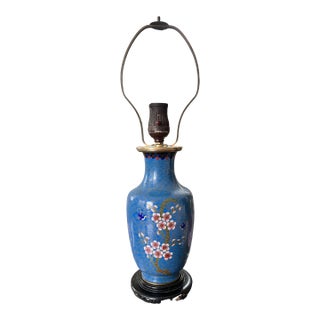 Antique 19th Century Chinese Cloisonné Vase Lamp With Cherry Blossoms & Swallows on Cobalt Blue Ground, 18" For Sale