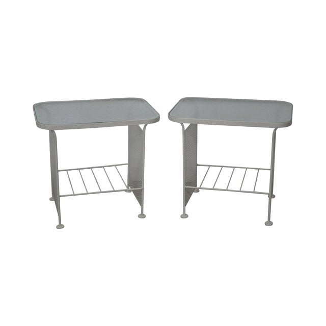 Vintage Woodard White Painted Metal Glass Top Patio Side Tables a