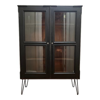 1900s Antique Black Painted Bookcase/Display Cabinet With Original Wavy Glass For Sale
