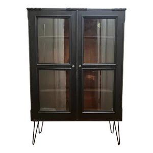 1900s Antique Black Painted Bookcase/Display Cabinet With Original Wavy Glass