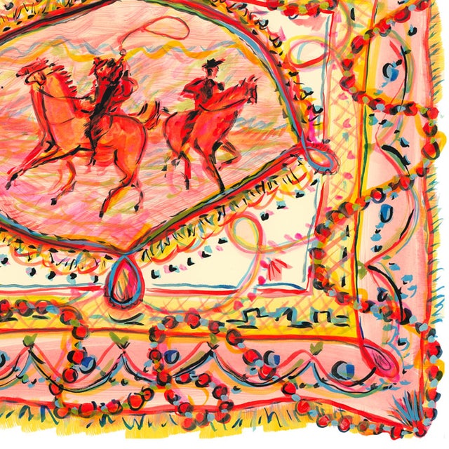 Inspired by a classic bandana, a watercolor represents a few cowboys on horseback with a decorative strand of pearls...