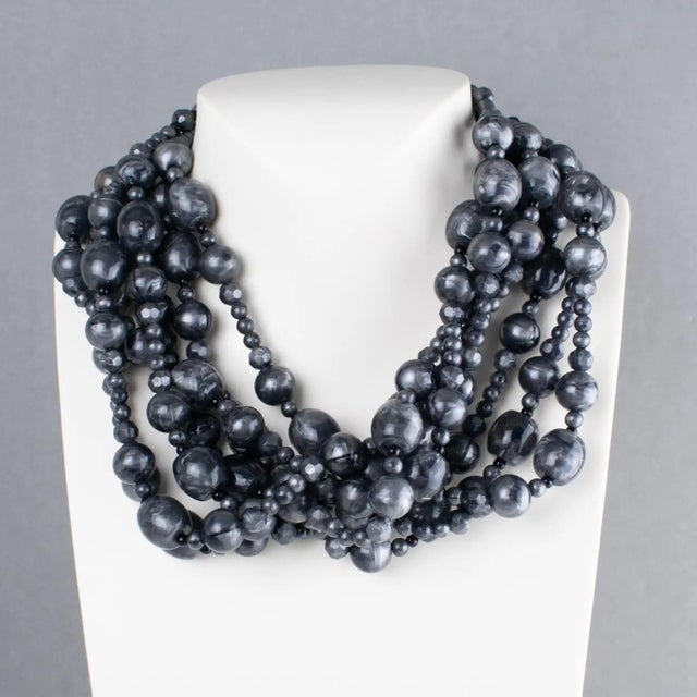 Contemporary Angela Caputi Stormy Gray Beaded Multi-Strand Resin Necklace For Sale - Image 3 of 11