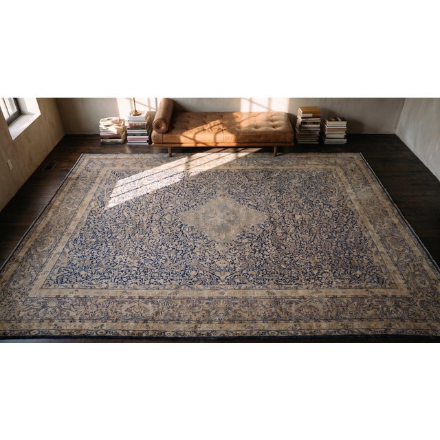 Traditional Floral-Medallion Design on Navy Background and Camel Border Color Antique Persian Kirman Rug For Sale - Image 9 of 10