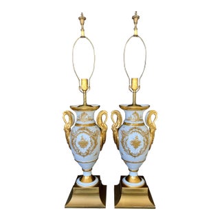 Pair of Paris Porcelain Gilt Napoleon Empire Swan Handled Urn Lamps, Mid to Late 19th Century For Sale