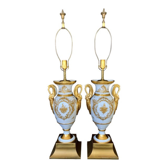 Pair of Paris Porcelain Gilt Napoleon Empire Swan Handled Urn Lamps, Mid to Late 19th Century For Sale