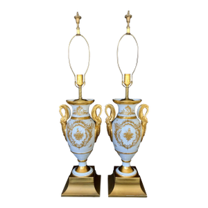 Pair of Paris Porcelain Gilt Napoleon Empire Swan Handled Urn Lamps, Mid to Late 19th Century