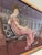 A beautifully detailed vintage needlepoint depicting a refined lady in a flowing pink gown, reclining gracefully on a...