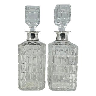 Whiskey Decanters with Silver Collar by Wolfers Frères for Val Saint Lambert, Set of 2 For Sale
