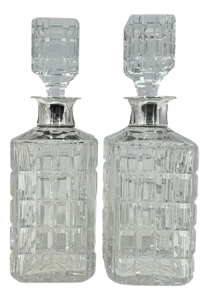 Whiskey Decanters with Silver Collar by Wolfers Frères for Val Saint Lambert, Set of 2