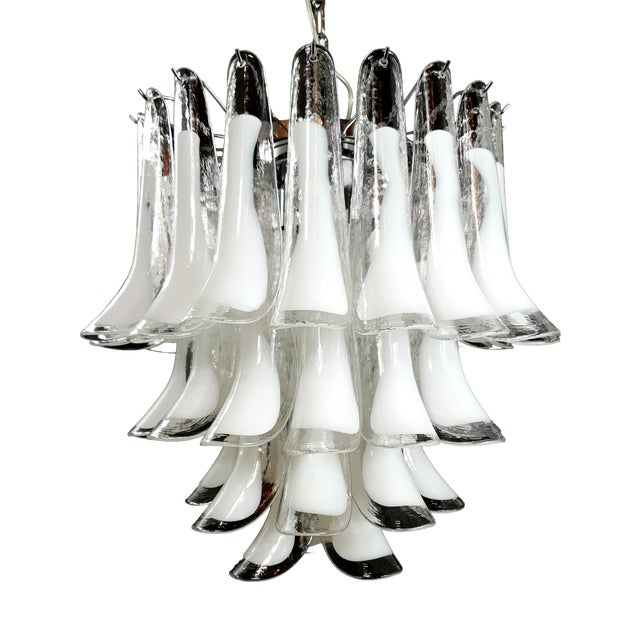 Vintage Clear and Milky White Murano Glass and Crystal Petals Chandelier, Italy, 1981 For Sale