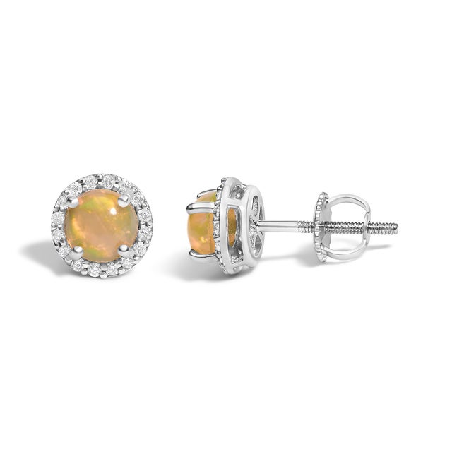 Contemporary 10K White Gold Opal and 1/6 Cttw Diamond Halo Stud Earring For Sale - Image 3 of 5