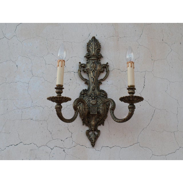 1950s Spanish Rococo Chased Brass 2-Light Wall Sconce For Sale - Image 10 of 11