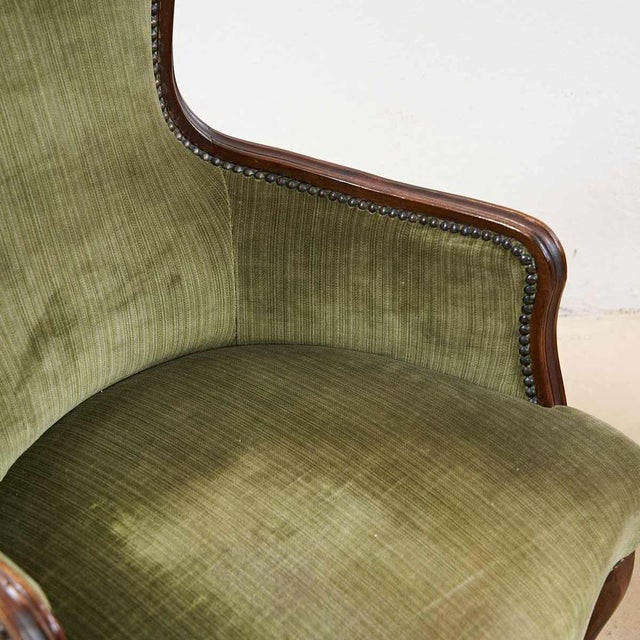 Set of Antique Walnut Armchairs with Green Velvet Seat For Sale - Image 4 of 9