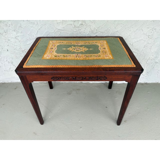 Wood Vintage Carved Wood Needlepoint Bench / Accent Table With Floral Design For Sale - Image 7 of 9