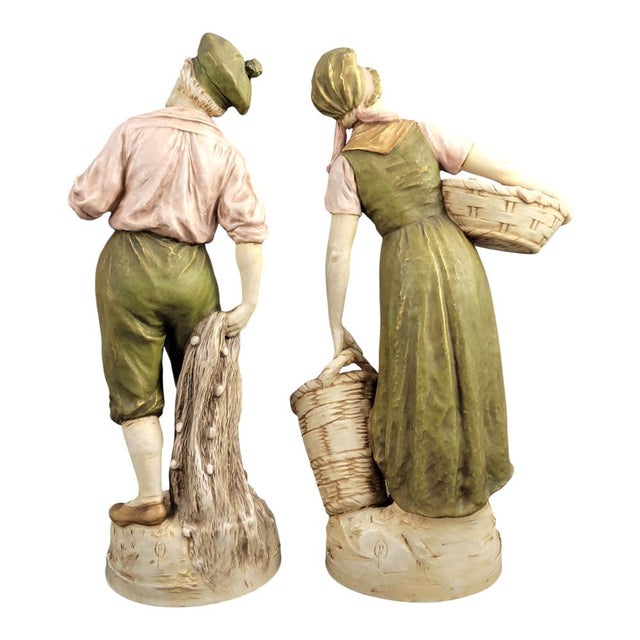 Porcelain Figures of a Fisherman and Fisherwoman from Royal Dux Bohemia, 1918, Set of 2 For Sale - Image 3 of 12