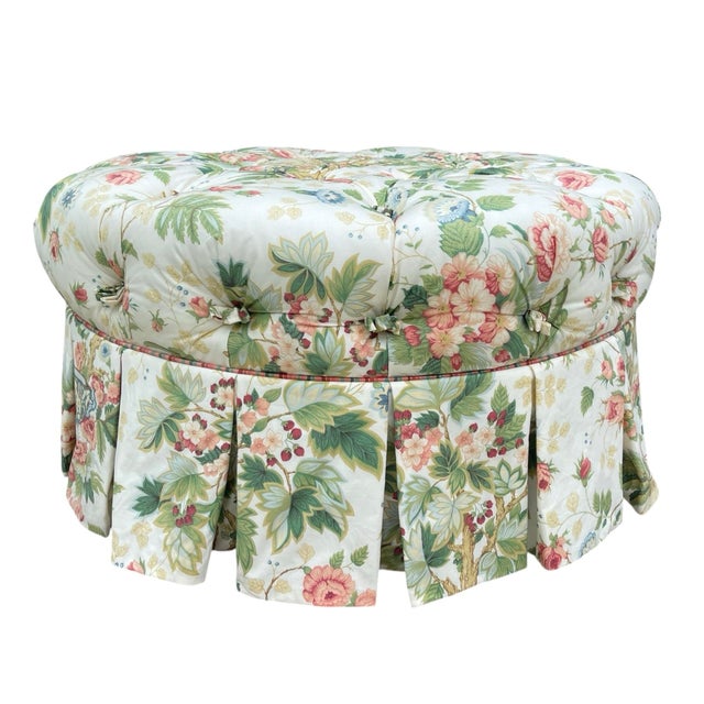 English Vintage Hickory Chair Tufted Round Ottoman in Botanical Print For Sale - Image 3 of 15