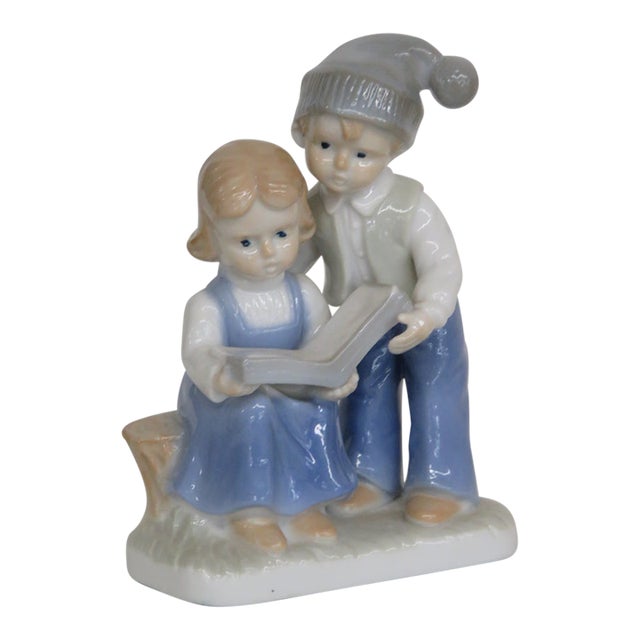 Lego Japan Porcelain Figurine Girl and Boy Reading Open Book Glossy Finish 5087b For Sale