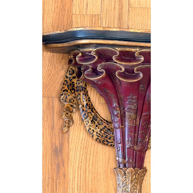 2010s Red Chinoiserie Decorated Wall Shelves Hand Painted With Leopard Swags and Gold Accents For Sale - Image 5 of 12