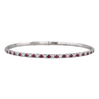 1.25ctw Diamond Ruby Flexible Bangle Tennis Bracelet 14k White Gold 6.75" For Sale