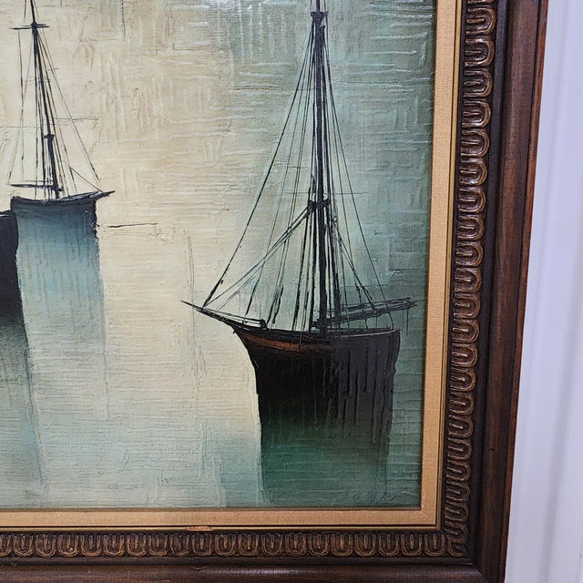 Wood Framed Large-Scale 1960s French Modern Harbor Scene Oil Painting (43" × 36") For Sale - Image 7 of 15