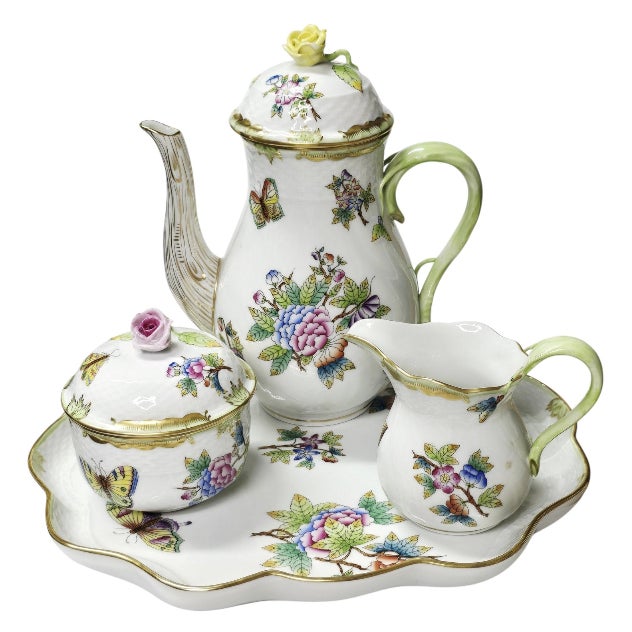 A beautiful vintage Herend Hungary tea and coffee service in the celebrated Queen Victoria VBO pattern, dating to 1980....