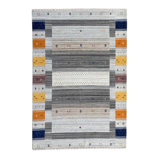 8x10 Multicolor Hand-Knotted Wool Subtle Striped Motifs Geometric Carpet Rug For Sale