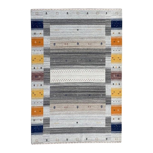 8x10 Multicolor Hand-Knotted Wool Subtle Striped Motifs Geometric Carpet Rug For Sale