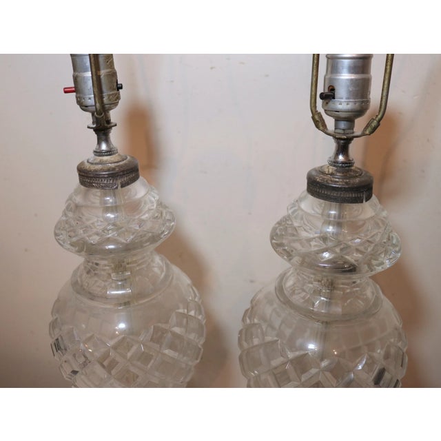 Vintage Pair of 2 Cut Clear Crystal Glass Silver Toned Electric Table Lamps For Sale - Image 12 of 12