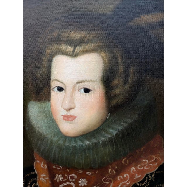 A dramatic large-scale vintage oil portrait depicting an elegantly dressed European noblewoman in elaborate Renaissance-...