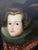 A dramatic large-scale vintage oil portrait depicting an elegantly dressed European noblewoman in elaborate Renaissance-...