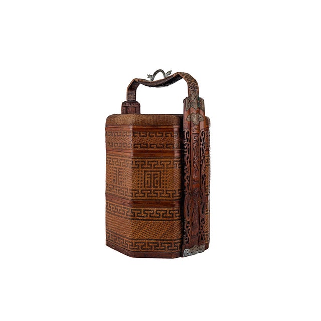 Brown Antique 3 Three Tiered Rattan Bamboo & Wood Chinese Wedding Basket For Sale - Image 8 of 17