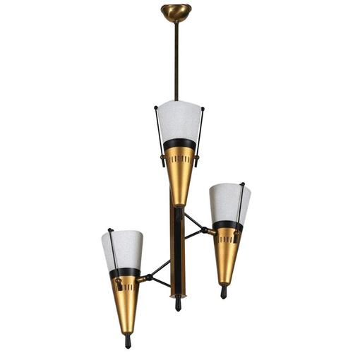 Vintage Three-Light Suspended Lamp in Metal and Glass, Italy, 1950s For Sale - Image 6 of 6