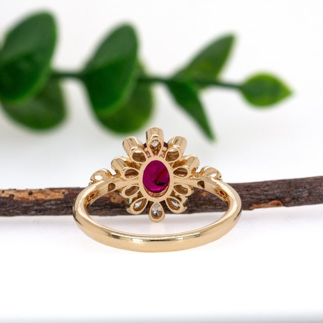 1ct Mozambique Ruby and Earth-Mined Diamond Floral Ring in Solid 14k Gold, Size 6.75 For Sale In Columbus - Image 6 of 7