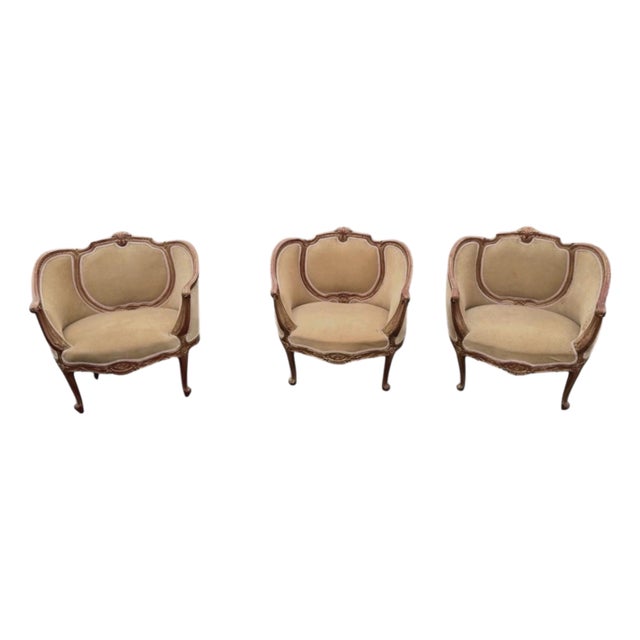 Set of 3 Matching Vintage French or Italian Style Petite Bergere Chairs For Sale
