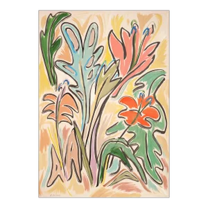 2203, Modern Still Life in Vivid Tones of "Hibiscus Garden" Mixed. Media on Watercolor Paper by Romina Milano