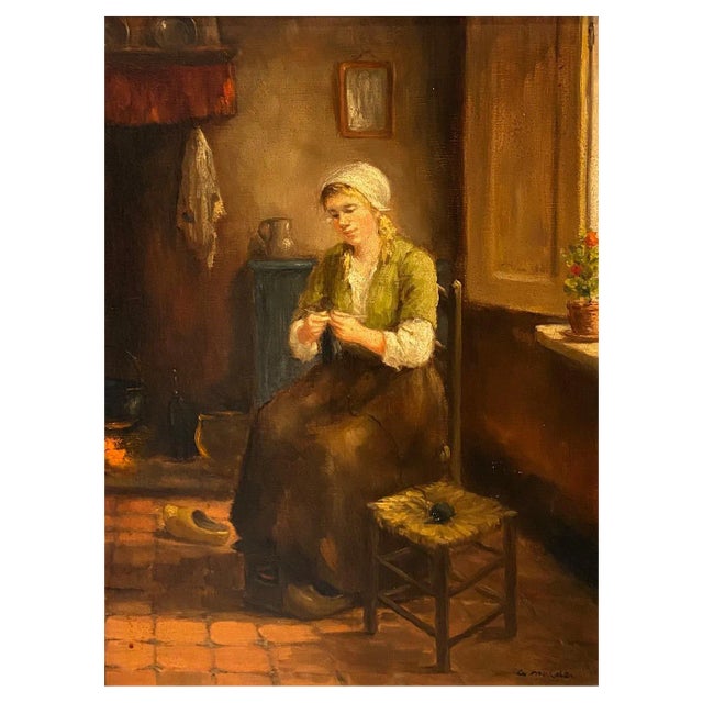 Anne Marie Mulder, Knitting Woman, Oil on Canvas For Sale