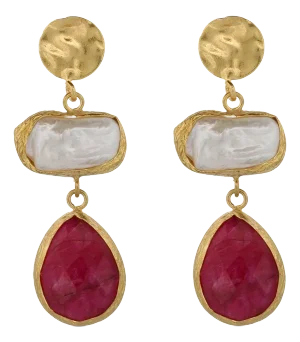 Vintage Style Pearl & Ruby Gemstone Gold Earrings, 2 Pieces
