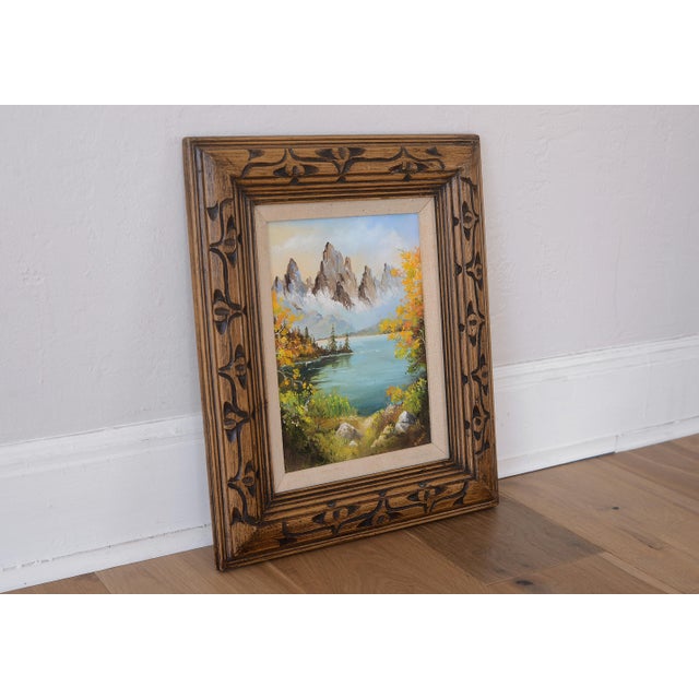 Traditional Small Signed Vintage Mountains & Lake Landscape Painting For Sale - Image 3 of 10