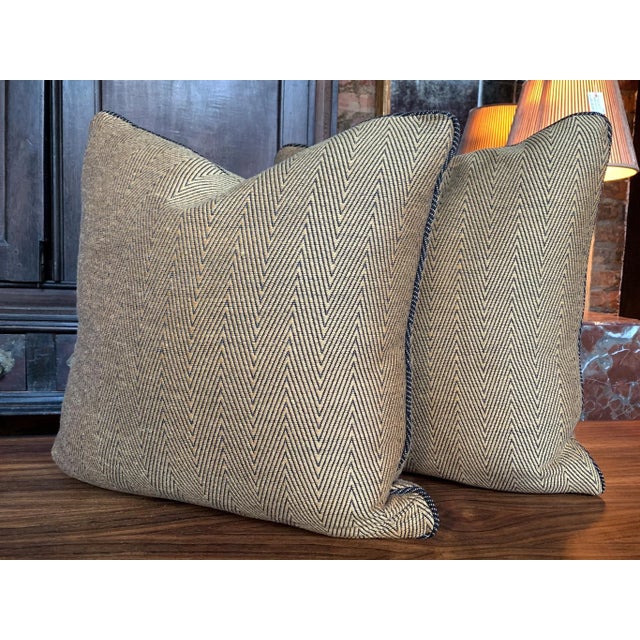Contemporary Custom Square Pillows in Donghia Gold Chevron Wool - A Pair For Sale - Image 3 of 10